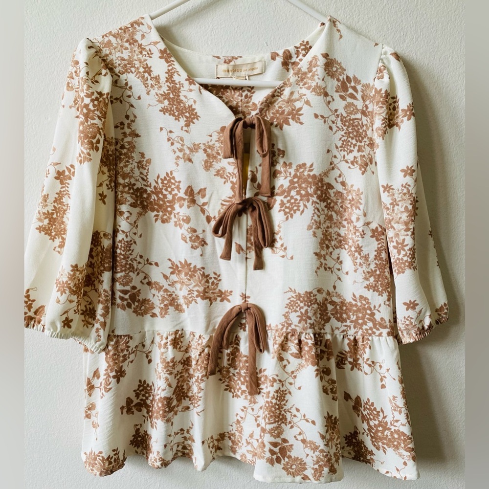 Floral Print Women's Top - Cream and Brown XL